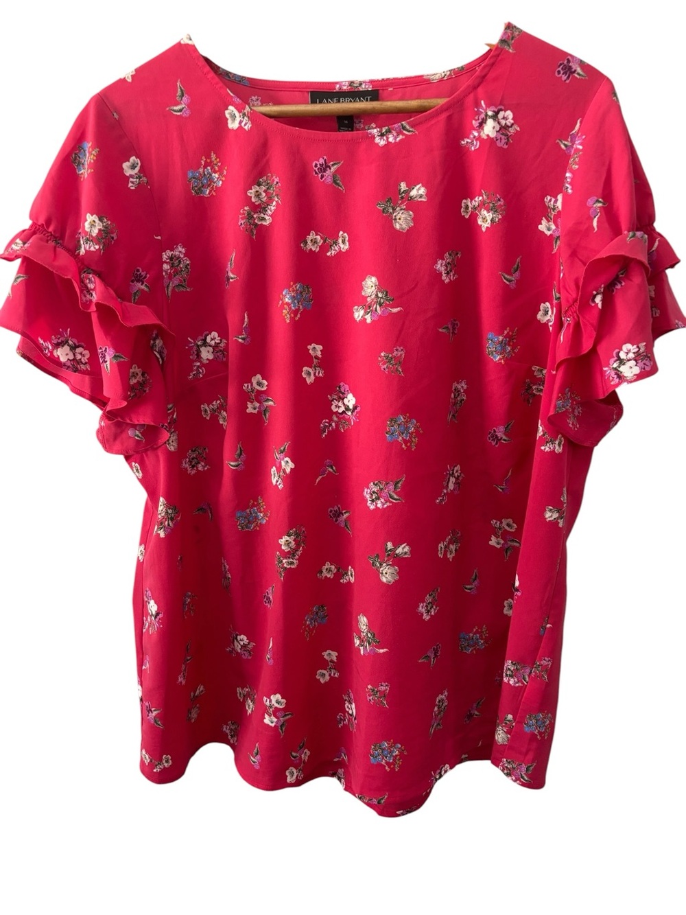 Lane Bryant Floral Blouse Hot Pink Womens Size 16 Top Ruffle Sleeves